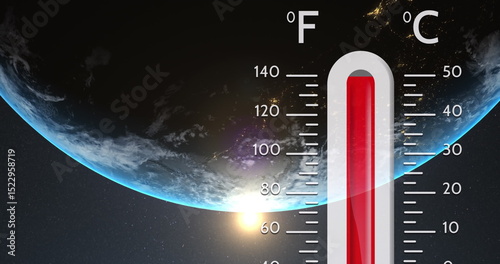 Image of digital thermometer over globe