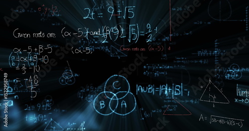 Digital image with various mathematical formulas and geometric diagrams