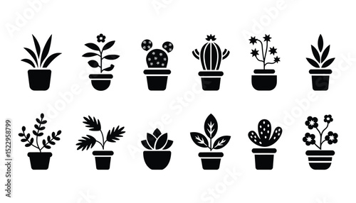 Set of Stylish Houseplant Silhouettes for Creative Greenery Projects, Simple Potted Botanical Illustrations Bringing Nature's Calm Indoors