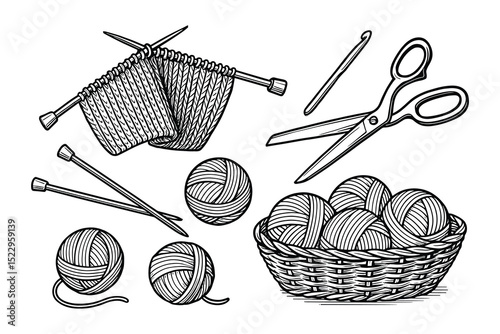 Detailed vector illustration of a knitting set with yarn, needles, and scissors design.