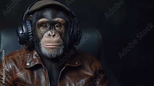 Chimpanzee Wearing Headphones and Jacket.
