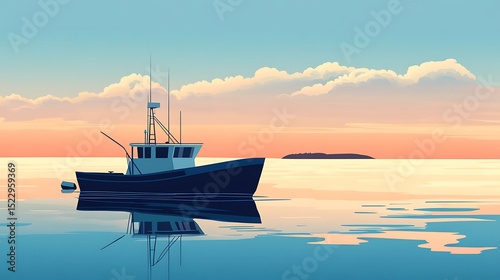 Fishing boat at sunrise on a calm sea.