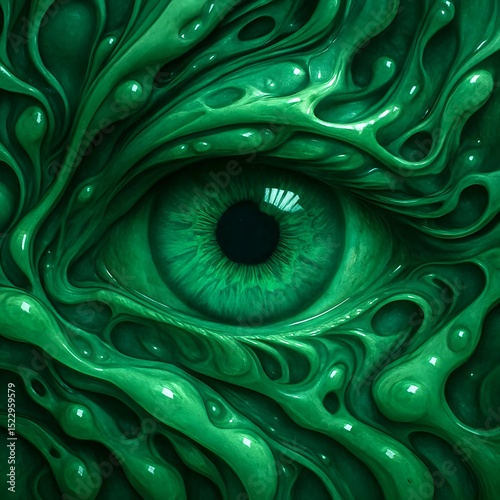 Abstract Green Eye Surrounded by Organic Liquid Forms

