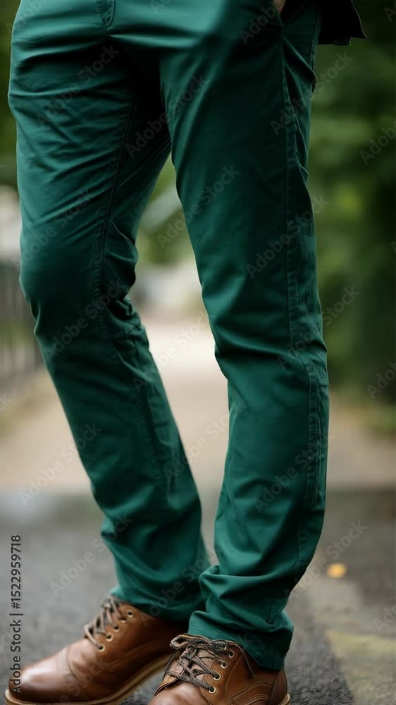 Stylish person wearing green trousers and brown leather shoes walking down a paved pathway outdoors in a public park setting. Stylish person wearing green trousers and brown leather shoes walking down a paved pathway outdoors in a public park setting.