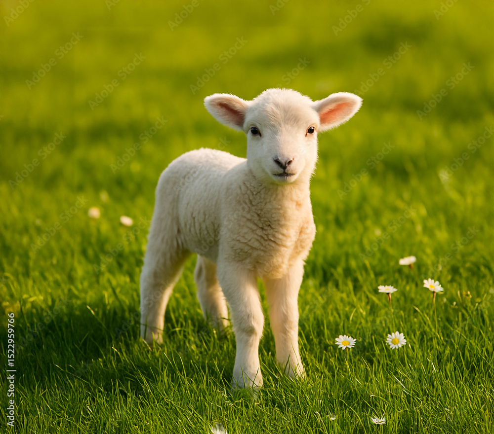 Fototapeta premium Adorable white lamb standing on a green meadow with daisies. Cute baby sheep looking at the camera in warm sunlight, symbol of spring, innocence, and countryside life.