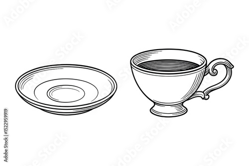 Detailed vector illustration of a classic cup and saucer. Perfect for elegant design projects.