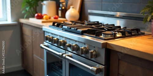 A sleek, modern gas cooker range with stainless steel finish and ample cooking space, featuring multiple burners and a large oven Perfect for the modern kitchen , kitchenware, cooker