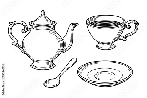 Detailed vector illustration of a teapot, teacup, saucer, and spoon. Perfect for drink designs.