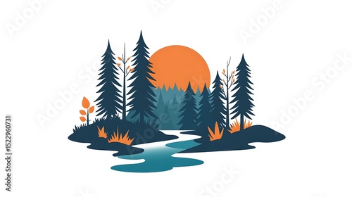 Forest scene by a tranquil river at sunset.