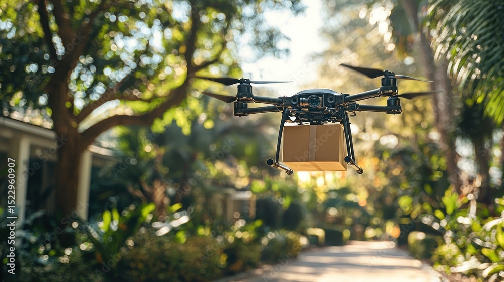 Drone delivering package through the trees Drone delivering package through the trees