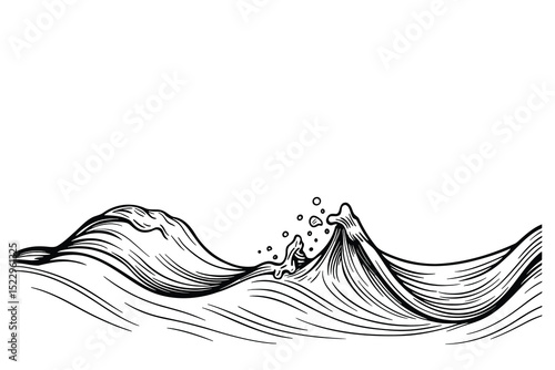Detailed vector illustration of ocean waves with intricate line work and dynamic water splashes.
