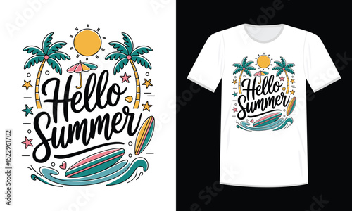 Tropical beach design with palm trees, surfboard, sun and waves saying Hello Summer for t-shirt design
