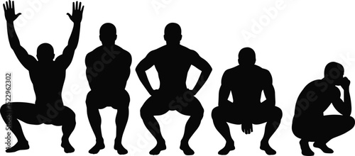 Vector illustration of squatting man silhouettes, various body poses, black male figures, fitness, thinking, exercise