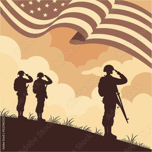 USA army soldiers saluting on a background of sunset 