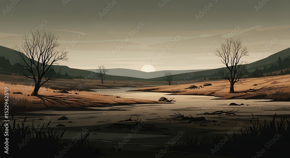 Obraz premium Serene Landscape Depicting Bare Trees, River, and Distant Mountains.