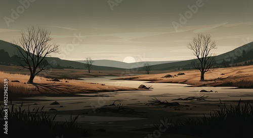 Serene Landscape Depicting Bare Trees, River, and Distant Mountains.