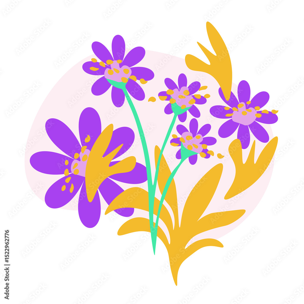 Fototapeta premium Colorful Wildflower Bouquet Illustration. Featuring purple, yellow, and orange flowers with green stems and leaves. Perfect for spring and summer themes, greeting cards, botanical designs