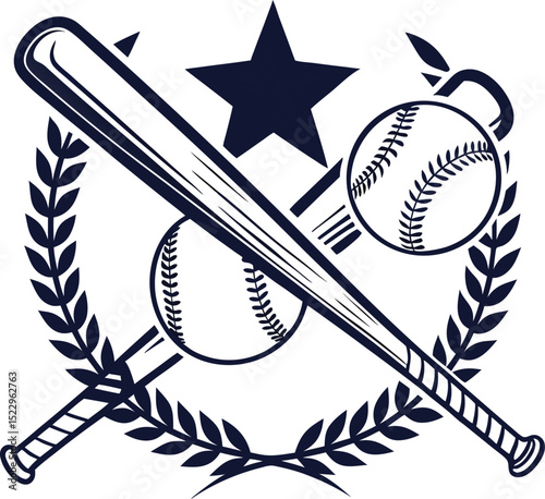 Baseball bat ball star laurel wreath emblem isolated on white background