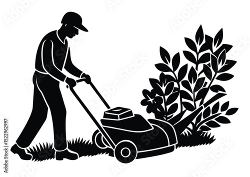 Lawn Mower Silhouette of Person Cutting Grass Vector Art for Outdoor Yard Maintenance