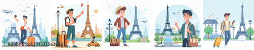 vector of a young man on vacation to paris eiffel tower