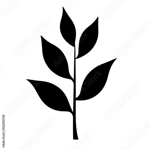 Black plant silhouette leaf stem on white background, eco nature symbol