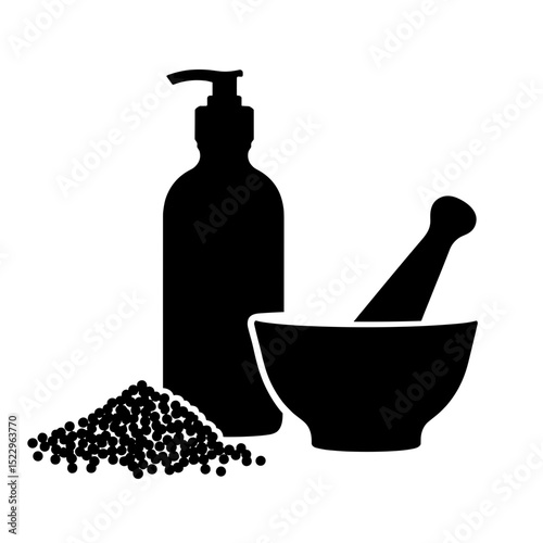 Silhouette of herbal extract bottle with pestle and dried herbs, traditional care