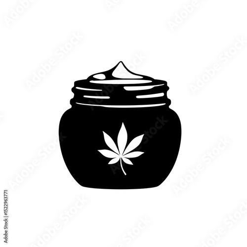 Black and white silhouette of anti-aging cream jar with leaf emblem – organic beauty, skincare