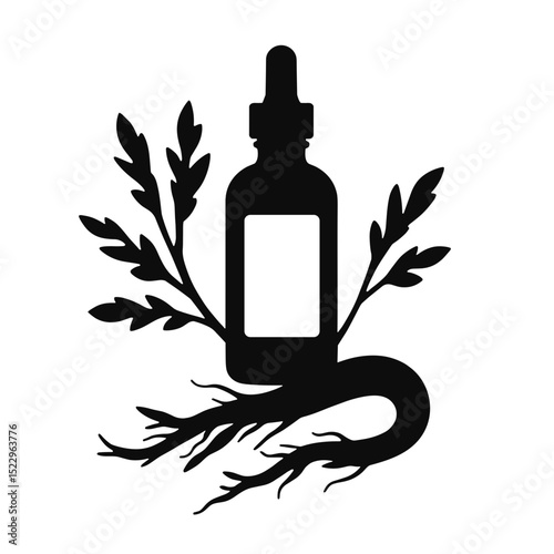 Silhouette serum bottle with ginseng root illustration, herbal skincare design