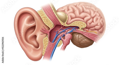 Human Anatomy Detailed Illustration of the Inner Ear, Brain, and Vestibular System