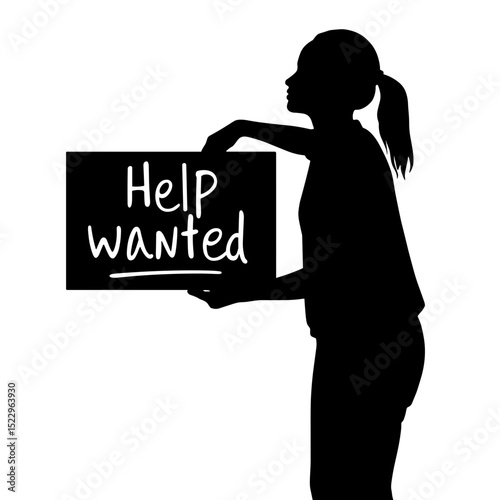 Silhouette of person with "Help Wanted" sign, job vacancy announcement