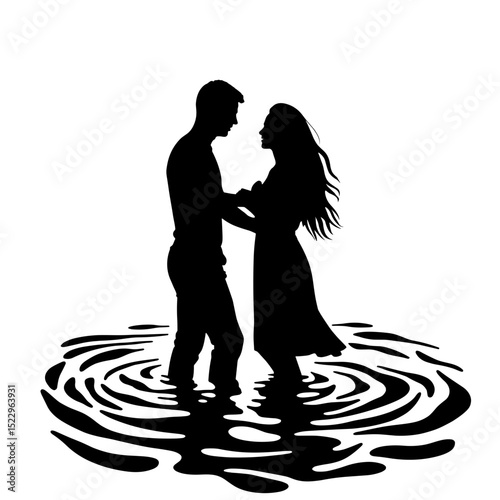 Silhouette couple dancing in water, romantic moment in black and white