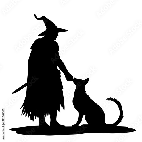 Silhouette of wizard with magical creature on white background, fantasy illustration