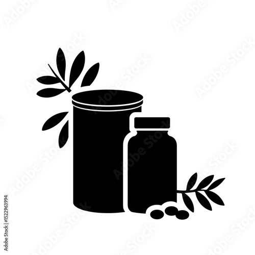Silhouette of herbal tea tin and supplement bottle with leaves, wellness balance