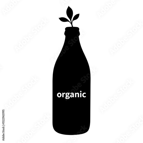 Black Silhouette Bottle with Leaves and Organic Label, Eco-Friendly Beverage