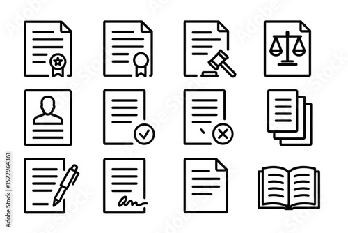 Legal document icons with certification, approval, and justice symbols