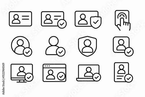 Identification icons set: profile, security, verification, and technology symbols