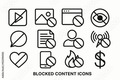 Blocked content icons set: communication, media, privacy, and access symbols