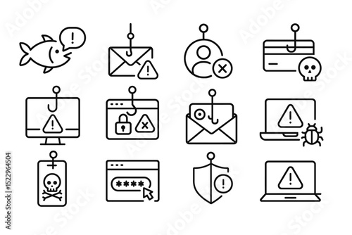 Cybersecurity icons depicting phishing, malware, and data breach threats