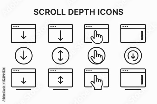 Scroll depth icons set: arrow and hand gesture variations for web interface design