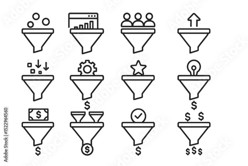Collection of funnel icons illustrating sales and marketing concepts