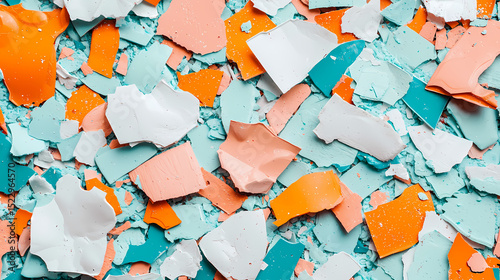 A colorful mix of broken paint chips in pastel orange, white, teal, and blue shades scattered across a flat surface.