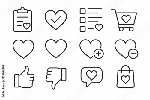 Outline icons: checklist, cart, heart, thumbs up, speech bubble with love