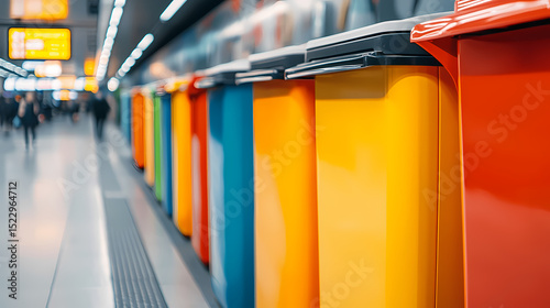 Colorful recycling bins lined up in a modern, indoor public space with blurred figures and signage in the background.