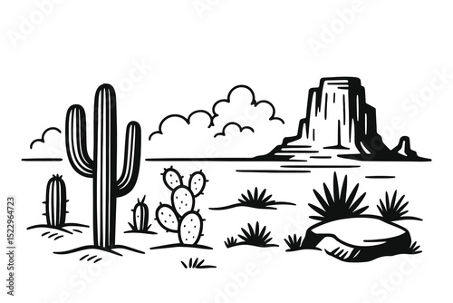 Detailed vector illustration of a desert landscape featuring cacti, mesa, and arid vegetation.