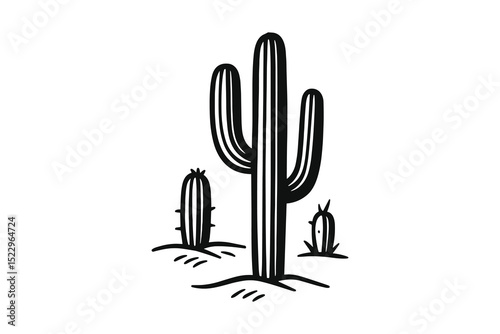 Detailed vector illustration of cacti, iconic desert plants in a simple monochrome style.