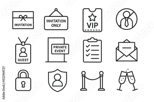 Collection of vip and invitation icons including event, access, and security symbols