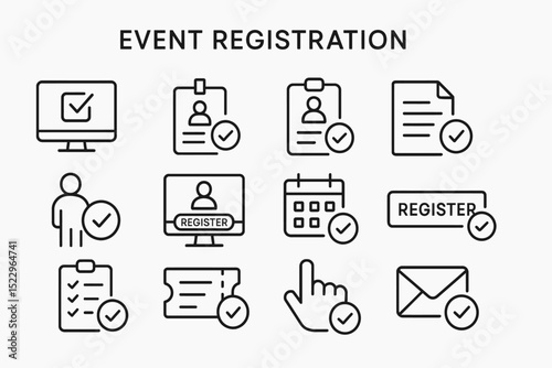 Event registration icons set: checklist, calendar, forms, computer, user