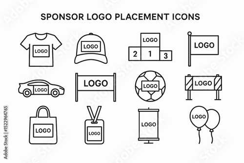 Sponsor logo placement icons on apparel, accessories, and event items