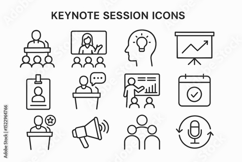 Keynote session icons: presentation, speaker, charts, ideas, networking