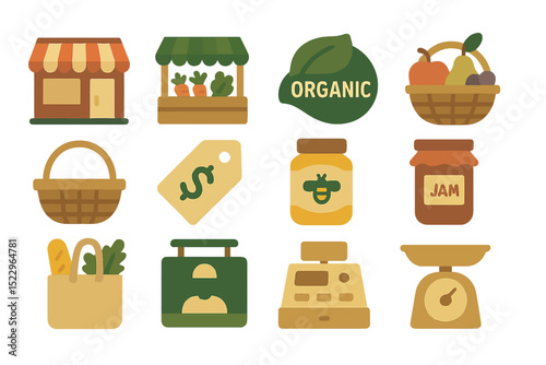 Organic market icons: shop, produce, labels, prices, scale, jam, honey, eco-friendly